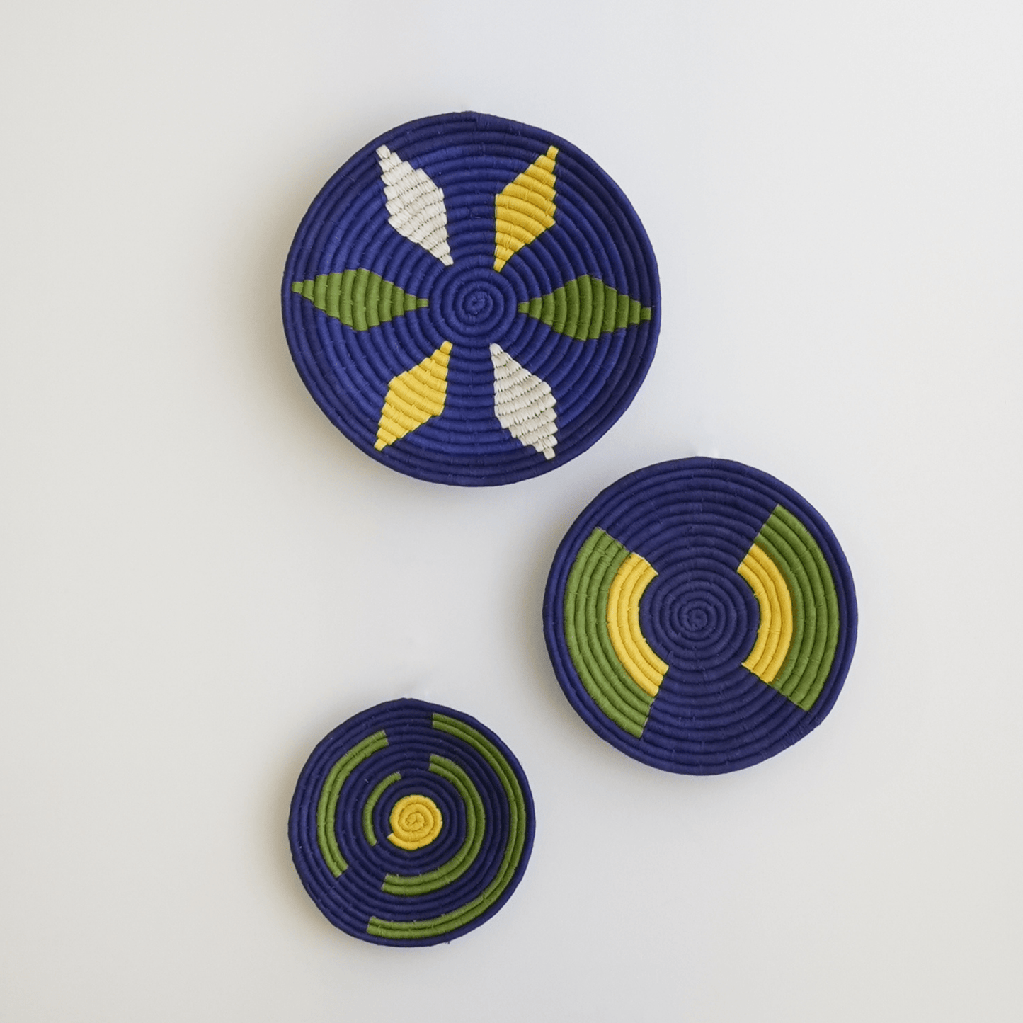 Handwoven Sabai Grass Wall Baskets- Navy Blue and Green Wall Art- Set of 3