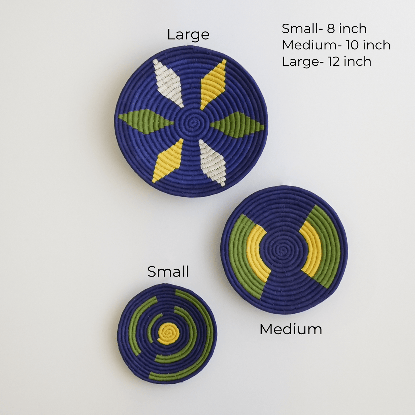Handwoven Sabai Grass Wall Baskets- Navy Blue and Green Wall Art- Set of 3
