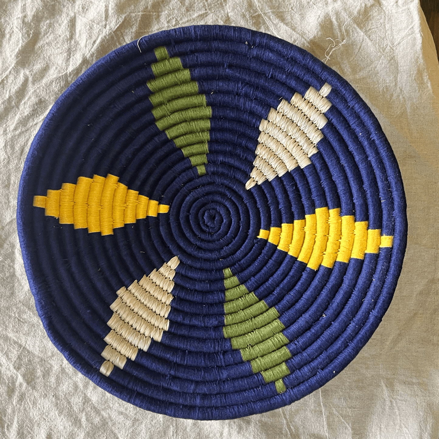 Handwoven Sabai Grass Wall Baskets- Navy Blue and Green Wall Art- Set of 3