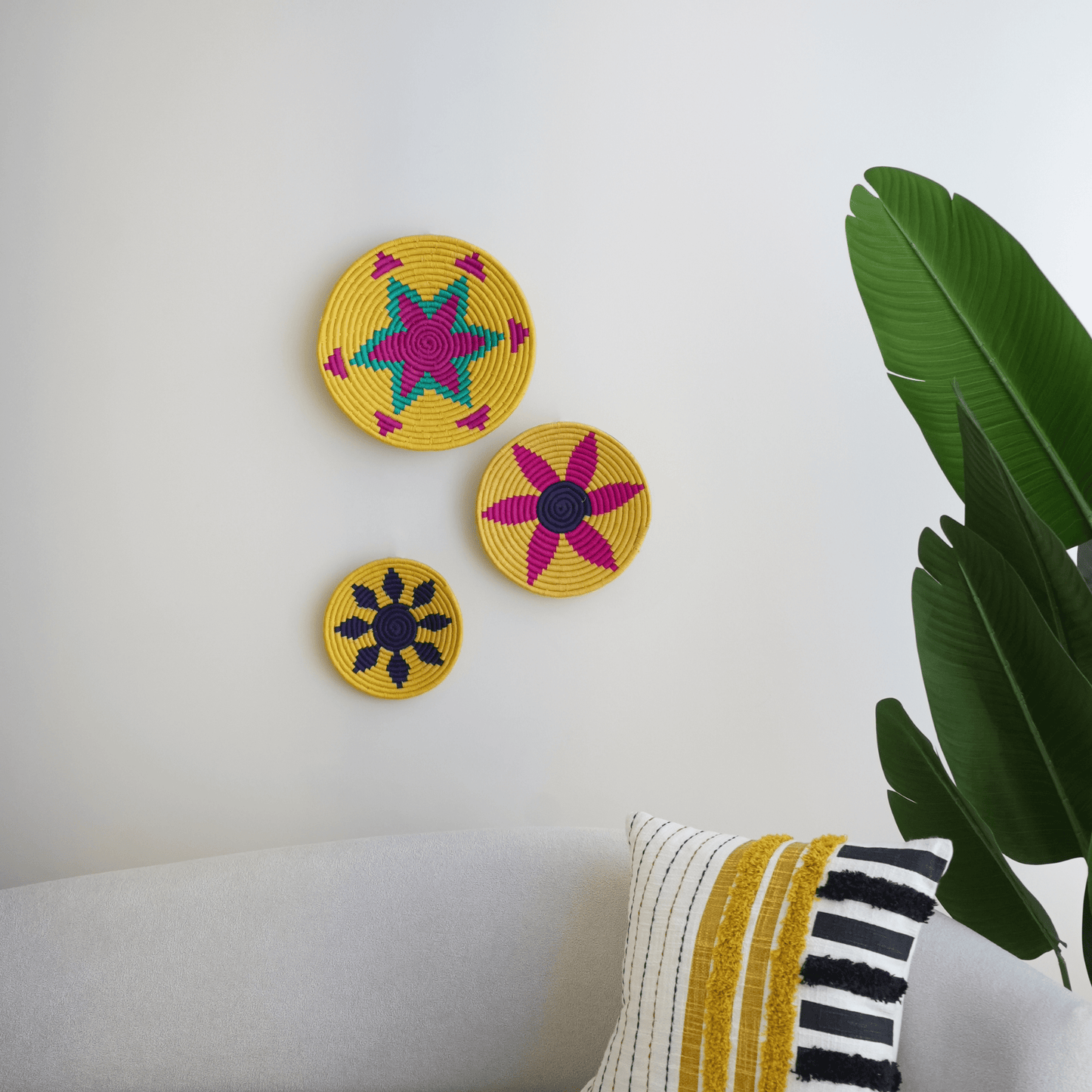 Handwoven Sabai Grass Wall Baskets- Sunshine Trio- Set of 3