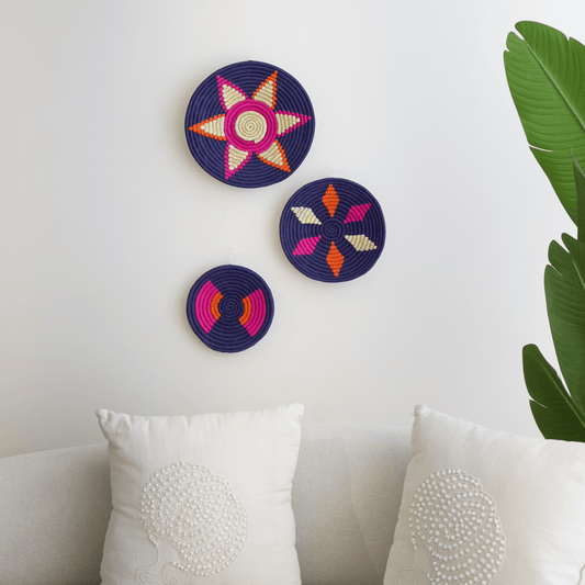 Handwoven Sabai Grass Wall Baskets- Radiant Blue- Set of 3