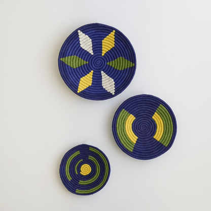 Handwoven Sabai Grass Wall Baskets- Navy Blue and Green Wall Art- Set of 3