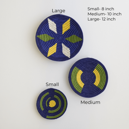 Handwoven Sabai Grass Wall Baskets- Navy Blue and Green Wall Art- Set of 3