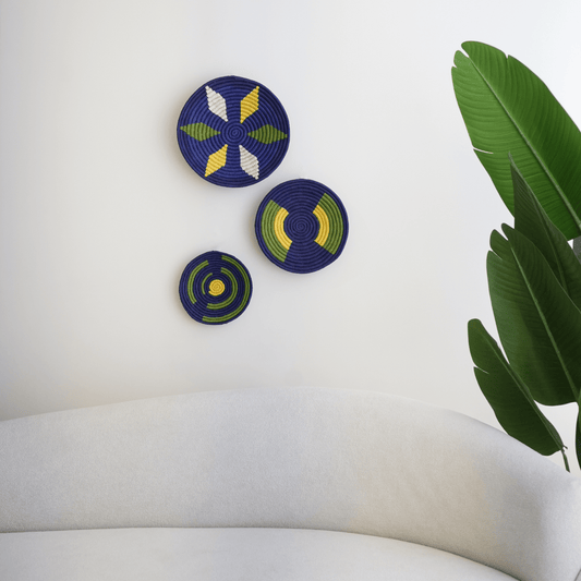 Handwoven Sabai Grass Wall Baskets- Navy Blue and Green Wall Art- Set of 3