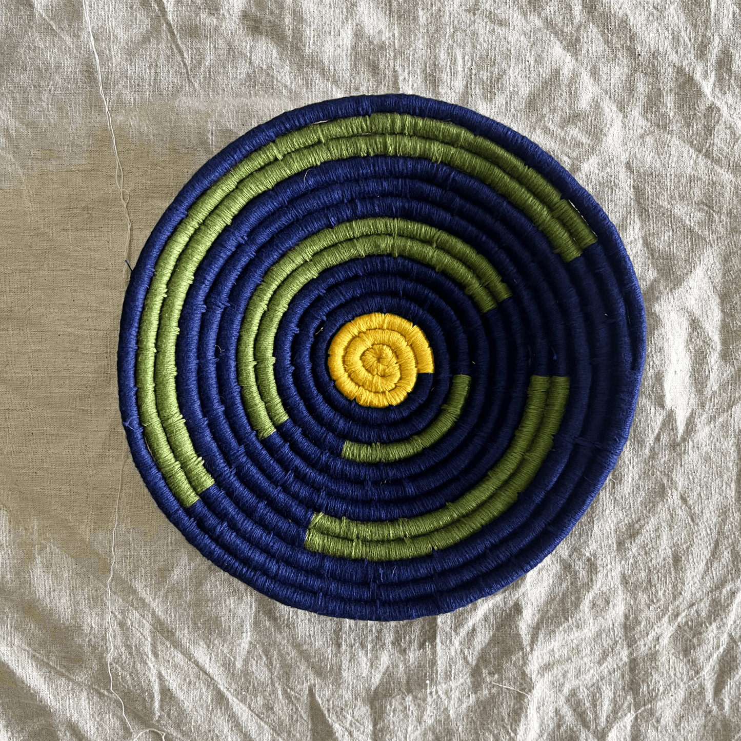 Handwoven Sabai Grass Wall Baskets- Navy Blue and Green Wall Art- Set of 3