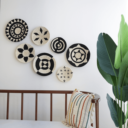 Handwoven Sabai Grass Wall Baskets- Black and White- Set of 7